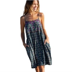 Natural Life Embroidered Sara Dress Dark Teal Medallion Pockets Size Large